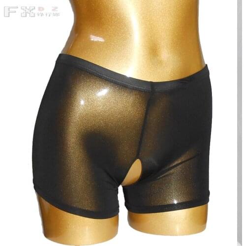 Sexy Open Crotch Ice Silk See Through Bottom Wear Shorts Transparent Underwear Erotic Lingerie Cheeky Panties FX7