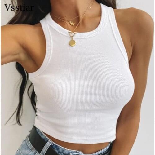 Vsstiar Sexy Knitted Tops New Fashion Sleeveless O Neck Ribbed Basic Cropped Tanks Summer Solid Sheath Female Streetwear Vest