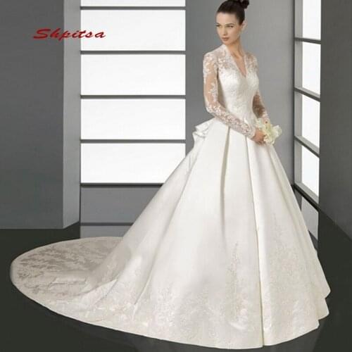 Vintage Long Sleeve Lace Wedding Dresses for Women Girls Satin A Line Plus Size White Ivory Wedding Gowns Bridal Bride Dresses