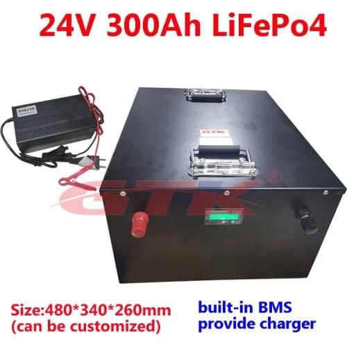 Factory price RV Camper Go Cart LiFepo4 24V 300Ah battery pack built-in BMS can connect in parallel for solar panel+20A charger