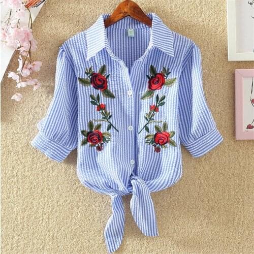 U-SWEAR Fashion Women Ladies Summer Cotton Blend Stand Collar Floral Embroidery Short Sleeve Tops Shirts Tee T-shirt