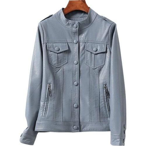 High Quality 2021 Spring Autumn Genuine Leather Stand Collar Single Breasted Sheepskin Jacket Women Streetwear Clothing Y864