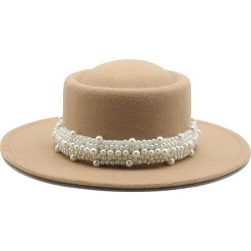 Women hats round top pearl band formal spring men women felted hats jazz church wedding solid classic belt black fedora hats new