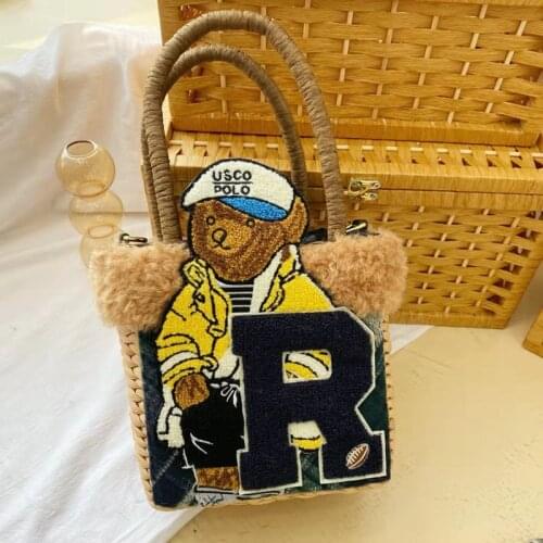 Women Bags Grass Weave Embroidery Purse Handbag Shoulder Bags Messenger Bag Tote Braccialini Style Handmade Art Cartoon Mr. Bear