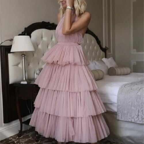 Sweet Tea-Length Evening Dresses 2021 A-Line Tiered Halter Sleeveless Blackless Pleat Tulle Elegant Party Prom Gowns For Women