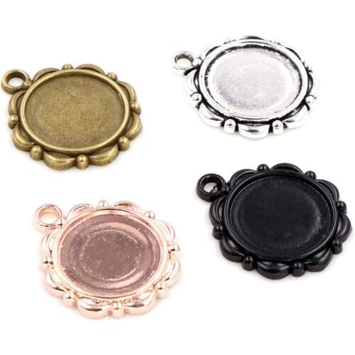 15pcs 14mm Inner Size Antique Bronze And Silver Plated ,Rose Gold Color Flower Style Cabochon Base Cameo Setting Charms Pendant
