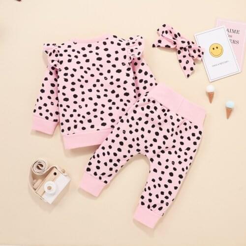 Autumn Baby Girl Set Leopard Soft Cotton long-sleeved Top Jacket Trousers Hair Decoration Three Sets 3Pcs