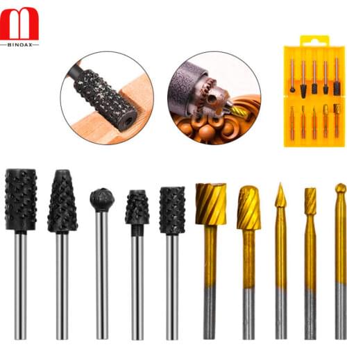 BINOAX 10pcs Titanium HSS Cutting Rotary Burr Set for Dremel Rotary Tool Metal Woodworking Router Grinding