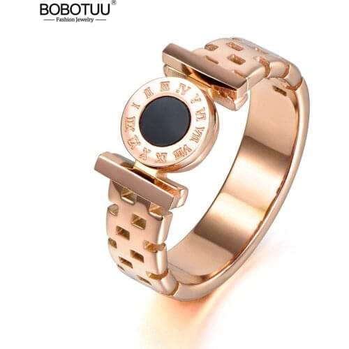 BOBOTUU New Design Roman Numerals Hollow Ring Jewelry For Women Rose Gold Color Stainless Steel Engagement Wedding Rings BR17162
