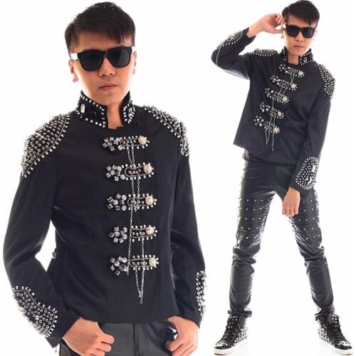 British Suit Korean Style Customized Mens Diamond Jacket Handmade Rhinestones Black Blazer Leather Slim Casual Costume XS1732