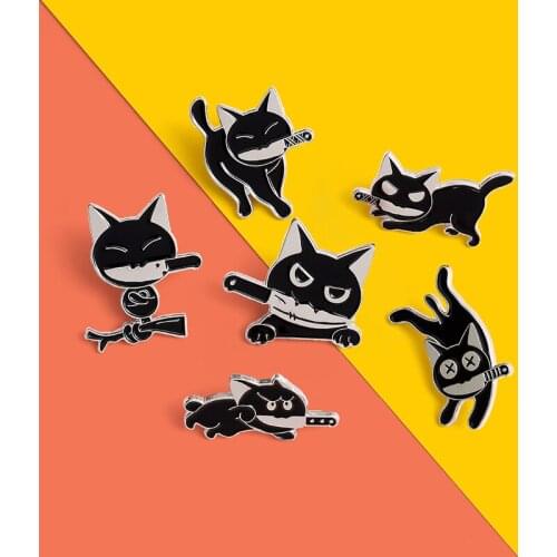 Cat knife Enamel Brooch Black kitten Naughty cute animal Lapel Pin Jewelry gift for children punk Badge