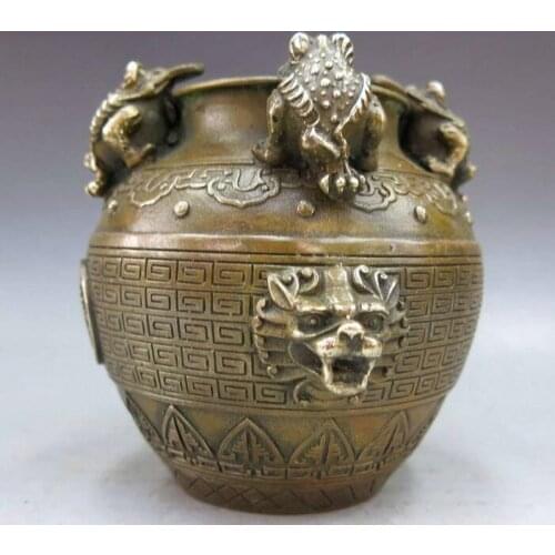 China brass copper carved Feng Shui dragon and toad money Vase pot Statue