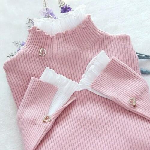Korean Fashion Patchwork Warm Sweater Women Elegant Long Sleeve Slim Turtleneck Knitted Shirt Chic Net Yarn Ruffle Pullover Top