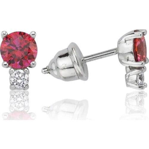 Valori Jewels 1 Carat, Zirconia Red And White Round Gemstone, Rhodium Plated, Sterling Silver Three Stone Earrings