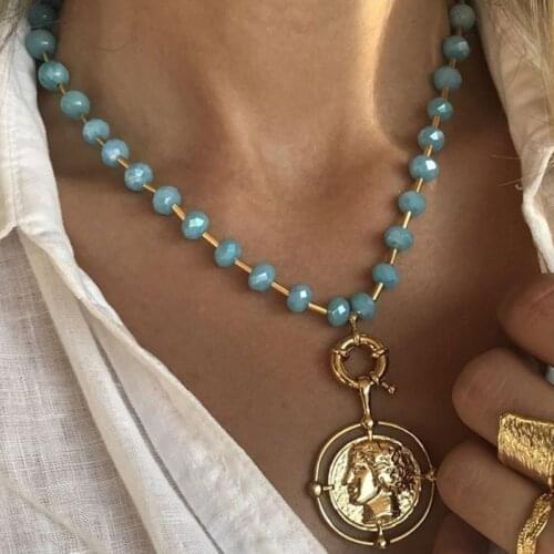 Meetvii Fashion Gold Portrait Pendants Necklaces for Women Blue Crystal Beads Chain Choker Necklace New Design Jewelry Gift