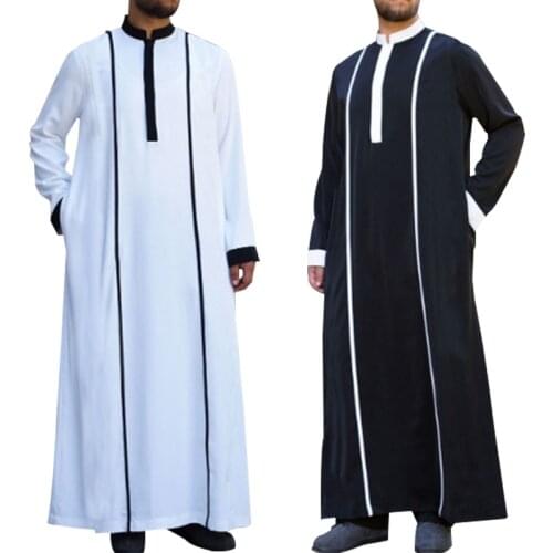 2021 Men Islamic Arabic Kaftan Muslim Clothing Long Sleeve Patchwork Abaya Robes Fashion Saudi Arabia Dubai Mens Jubba Thobe