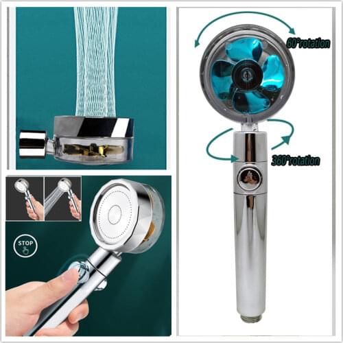 Pressurized Rainfall Shower Head Adjustable 360°Spin Water Saving With Small Fan Hand-held Spray Nozzle Bathroom Accessories