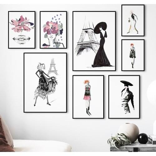 Wall Art Canvas Painting Paris Fashion Dress Girl Flower Black White Nordic Posters And Prints Wall Pictures For Living Room