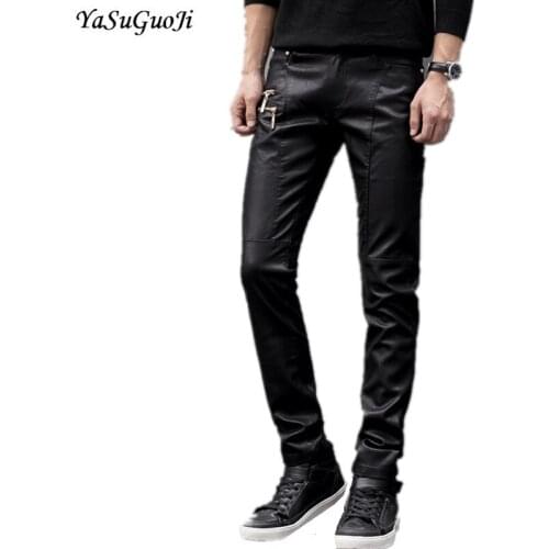 YASUGUOJI New 2021 Moto Style Fashion Fake Zipper Desgin Slim Fit Faux Leather Pants Men Skinny Trousers Mens Fitness Clothing