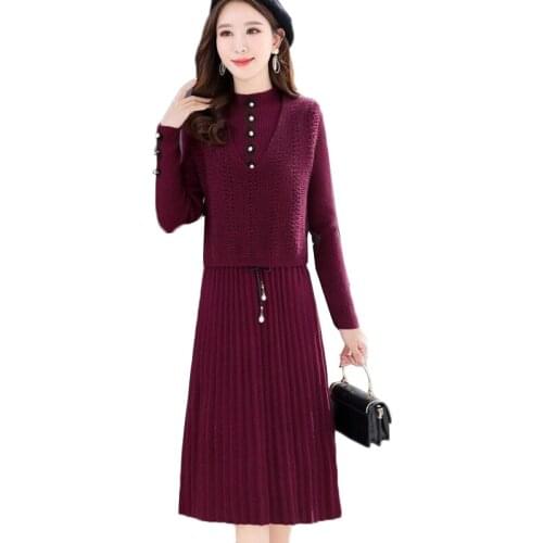 Autumn Winter Dress Womens New Solid color Pull knitted Dress and V-neck Vest Two-piece Set Elegant Womens Sweater Dress Suit