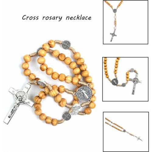 Handmade Catholic Round Bead Rosary Necklace Exorcism Alloy Wood Beads Knotted Cross Pendent Gifts Charm Jewelry