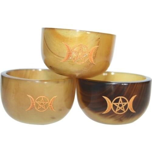 P15D Altar Bowl Ox Horn Cup with Triple Moon Divination Ritual Tableware Astrology Wicca Astrological Tool Witchcraft Prop
