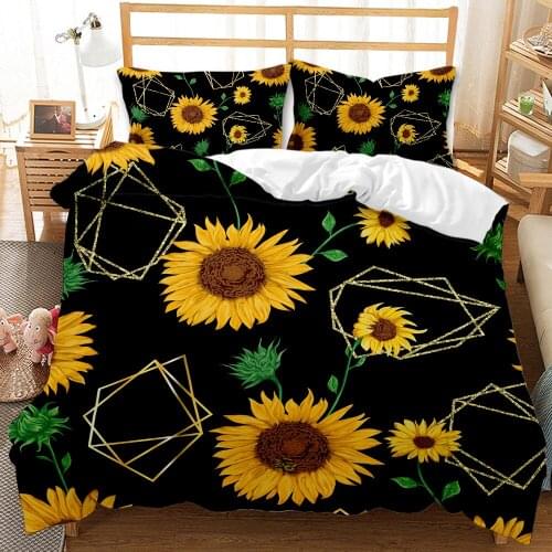 3D Quilt Cover Comforter Home Textiles Sun Flower Duvet Cover Yellow Flower Black Bedding Set Queen Size Adults Nordic Bed Cover