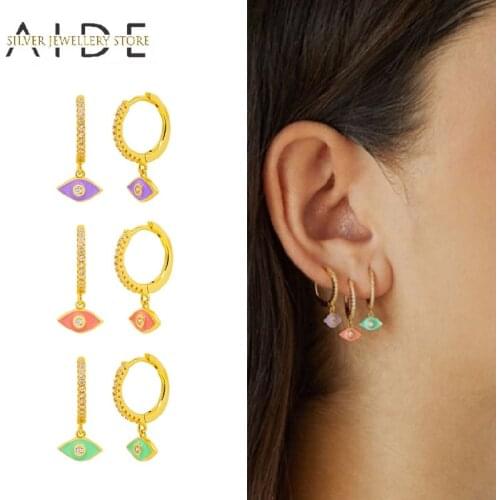 AIDE Geometric Eye Pendientes Hoop Earrings For Women Trendy Green/Purple/Pink Eyes Piercing Earings Silver 925 Jewelry brincos