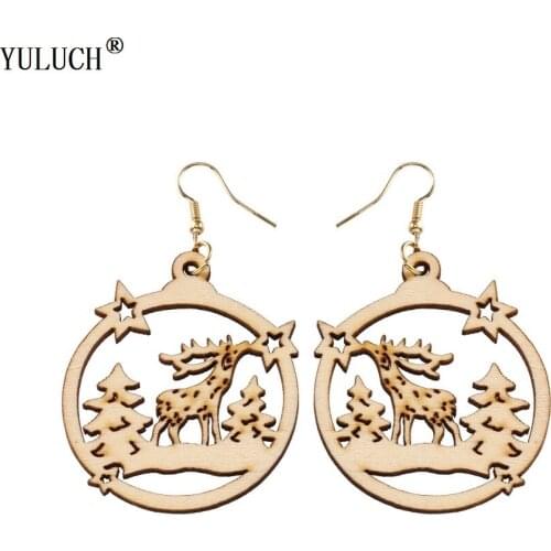 YULUCH 1 Pair Retail Good Quanlity Wooden Earrings Handmade Geometric Deer Tree Wooden Earrings For Woman Girls Party Christmas