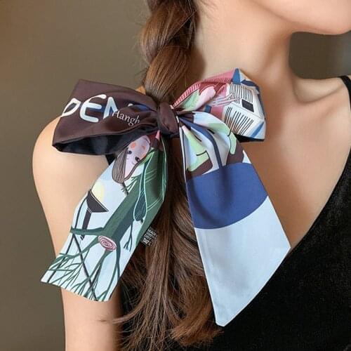 Luna&Dolphin Spring Women Narrow Long Skinny Scarf 100x7cm Illustration Lady Chiffon Silky Tie Ribbon Headbands Choker Streamer