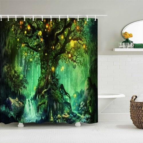 High Quality Cartoon Fantasy Forest Printed Fabric Shower Curtains Scenery Bath Screen Waterproof Bathroom Decor with 12 Hooks