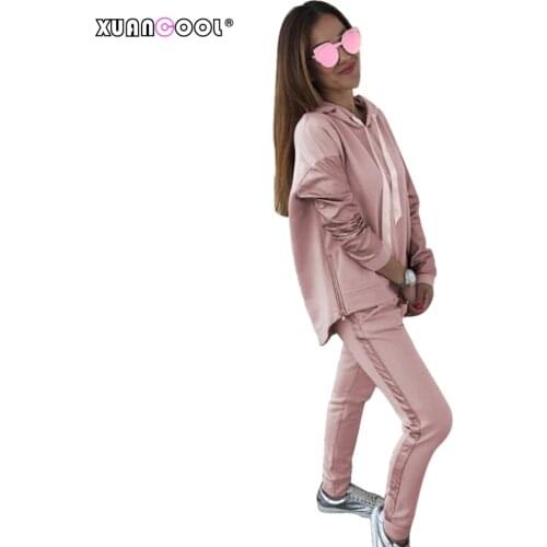 XUANCOOL 2020 Suit Set Women Knitted Cotton Tracksuit Long Sleeve Zipper PU leather Splicing Hoodies Long Pant Two Piece Set