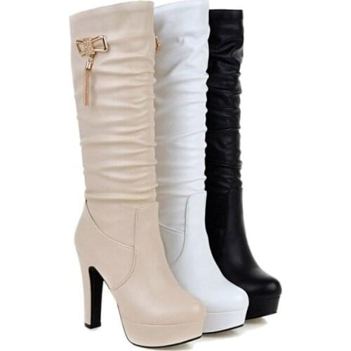 Womens Shoes High Heels Platform Rhinestones Mid Calf Boots Chunky Heel Beige White Black