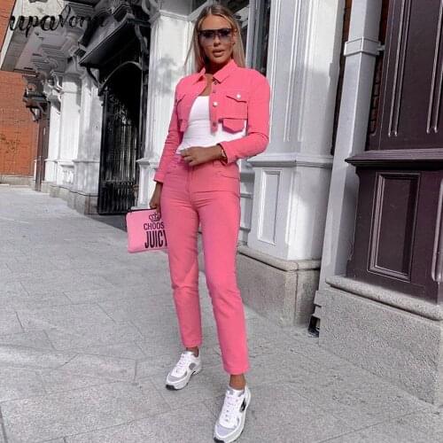 Free Shipping 2021 High Street Women Pink Jeans Set Lapel Long Sleeve Fashion Single Breasted Short Jacket & Pants Two-piece Set