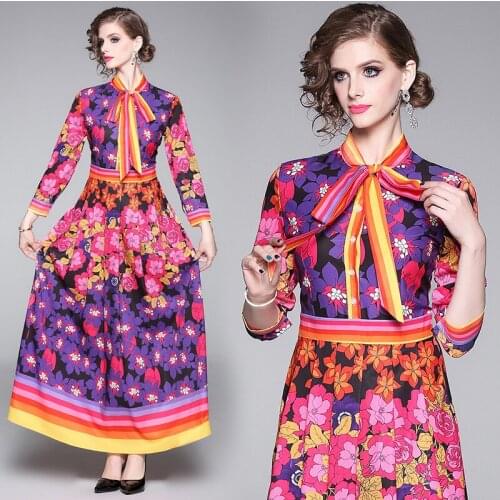 New Arrival Spring Summer Fall Runway Vintage Floral Print Bow Tie Neck Long Sleeve Women Ladies Party Casual A-Line Maxi Dress