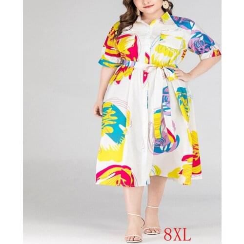 Summer new large size dress 5XL-8XL bust 138CM fashion womens lapel button shirt printing bandage five-point sleeve dress