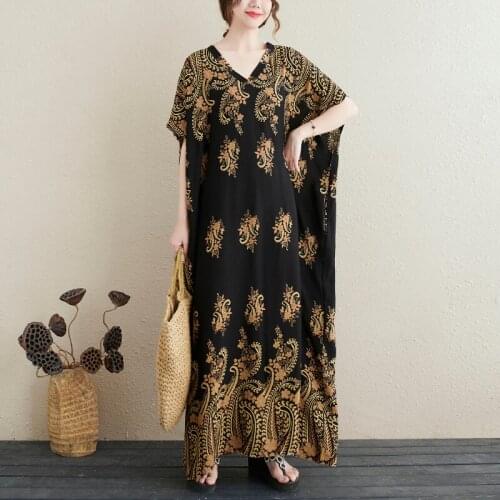 Bohemian Dress 2021 New Arrival Batwing Sleeve Loose Summer Dress Cotton Satin Print Vintage Women Travel Casual Long Maxi Dress