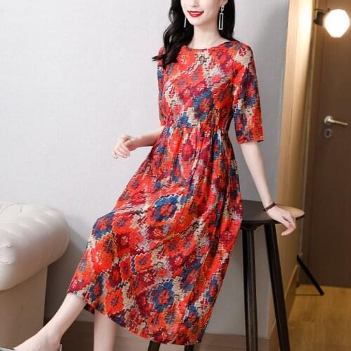 2021 Fashion Boho Beach Red Floral Ramie Midi Dress Summer Casual Vintage Print Bodycon Dress Elegant Women Party Runway Vestido