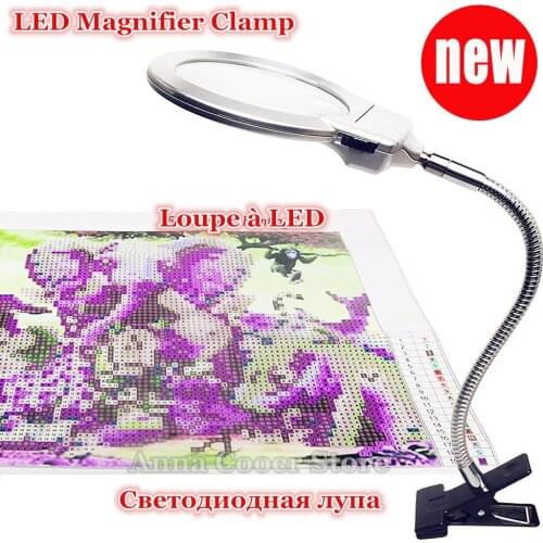 Diamond painting tool light magnifier clip type desktop LED light reading large lens magnifier and fixture 360 degree rotation