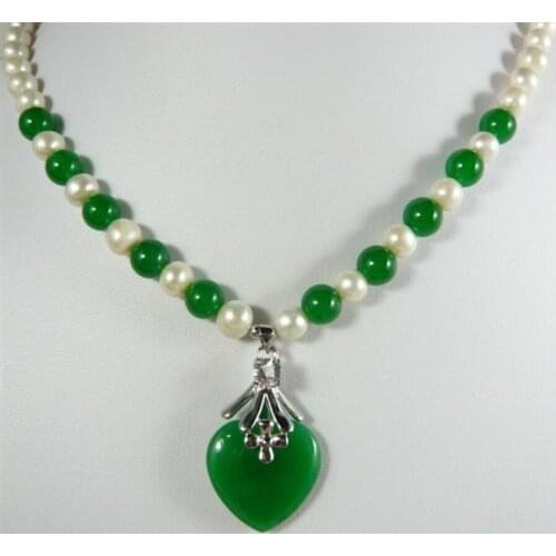 Free Shipping pretty 7-8mm mixed white pearl & green Jade bead +green heart pendant necklace