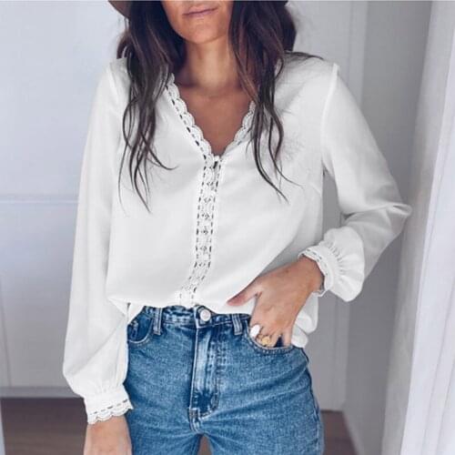 Women‘s V Neck Tops Lace Midline Long Sleeve Lace Buckle Breathable Fit Basic Blouse Womens Clothing 2021 Рубашка Женская