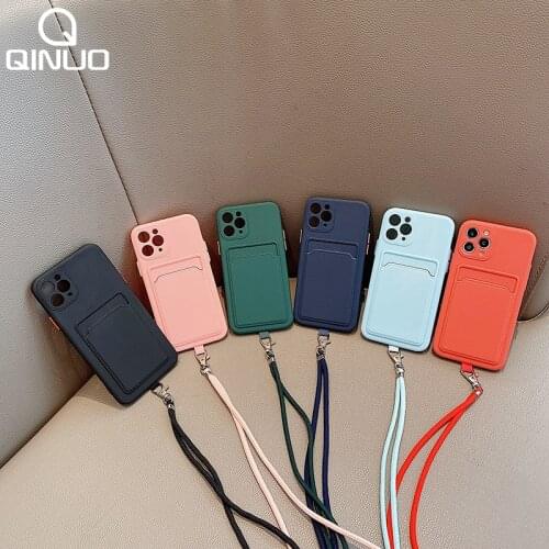 I Phone Case With Strap and Card Holder For iPhone 11 Pro Max 12 Mini XS X XR SE 2020 8 7 Plus Silicone Protection Cover+Lanyard