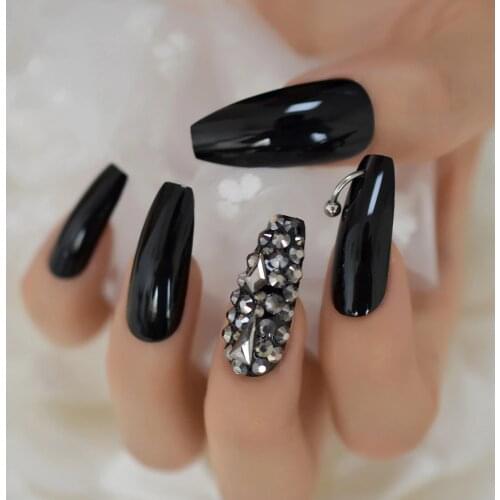 Long Coffin Smooth Punk Coffin Nail 3D Rhinestone DIY Hoop Black Dark Nail Art Tips With Glue 24pcs