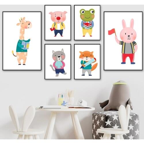 Book Basketball Pencil Giraffe Fox Frog Rabbit Wall Art Canvas Painting Nordic Posters And Prints Wall Pictures Kids Room Decor