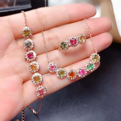 Natural Tourmaline Candy Ring Bracelet Necklace S925 Pure Silver Fine Fashion Charm Jewelry For Women Free Shipping MeibaPJFS
