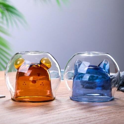 140ml cute bear double glass coffee mug cartoon kitten juice cup European round animal milk breakfast mug children breakfast cup