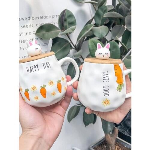 400ml Mug Cartoon Radish Rabbit Wood Cover Ceramic Cup Female Cute With Spoon Water Mug Household Student Couple Cup