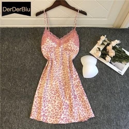 Summer Nightdress Sexy Lace Nightwear Sing Satin Print Homewear Pink Sleepwear Women Thin Nightgowns With Chest Padds