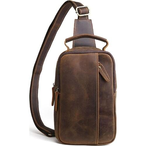 Men Crazy Horse Genuine Leather Cowhide Sling Chest Back Bag Handbag Cross Body Messenger Shoulder Pack Travel Bag Vintage Pouch