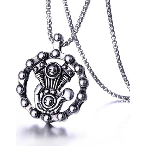 Punk Stainless Steel Motorcycle Engine Skull Pendant Necklaces for Men Jewelry Drop Shipping
